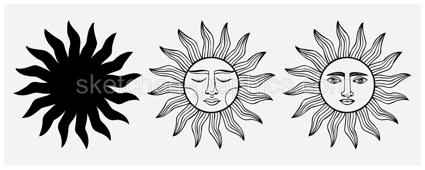 A set of esoteric symbols of sun. Alchemical or mystical magic elements for tarot cards, banners, posters, brochures, stickers. Esoteric astrological symbols. Line art drawing and silhouette Illustration